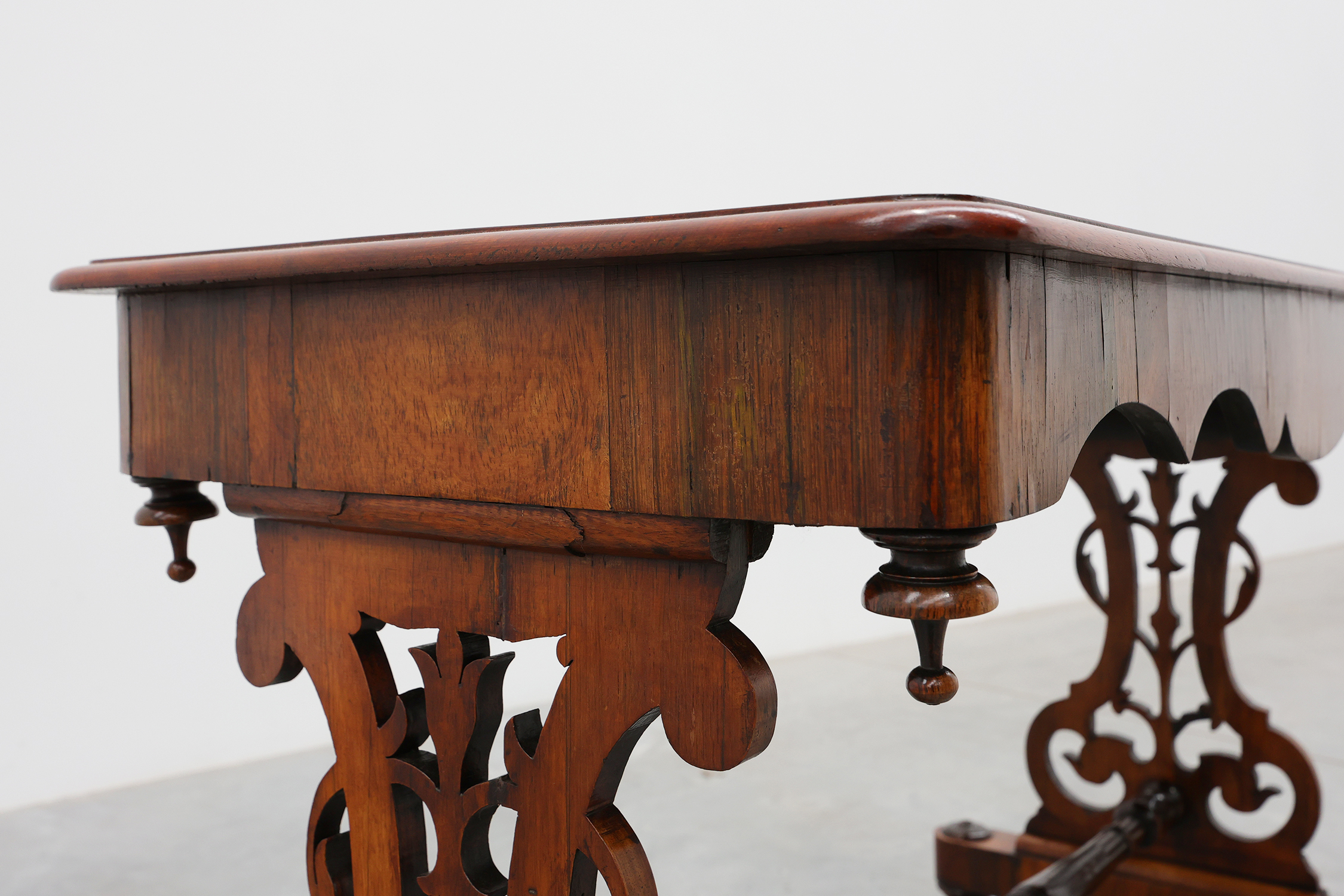 Victorian Walnut Side Table with Inlaid Top and Pierced Scroll Ends, England, circa 1870thumbnail